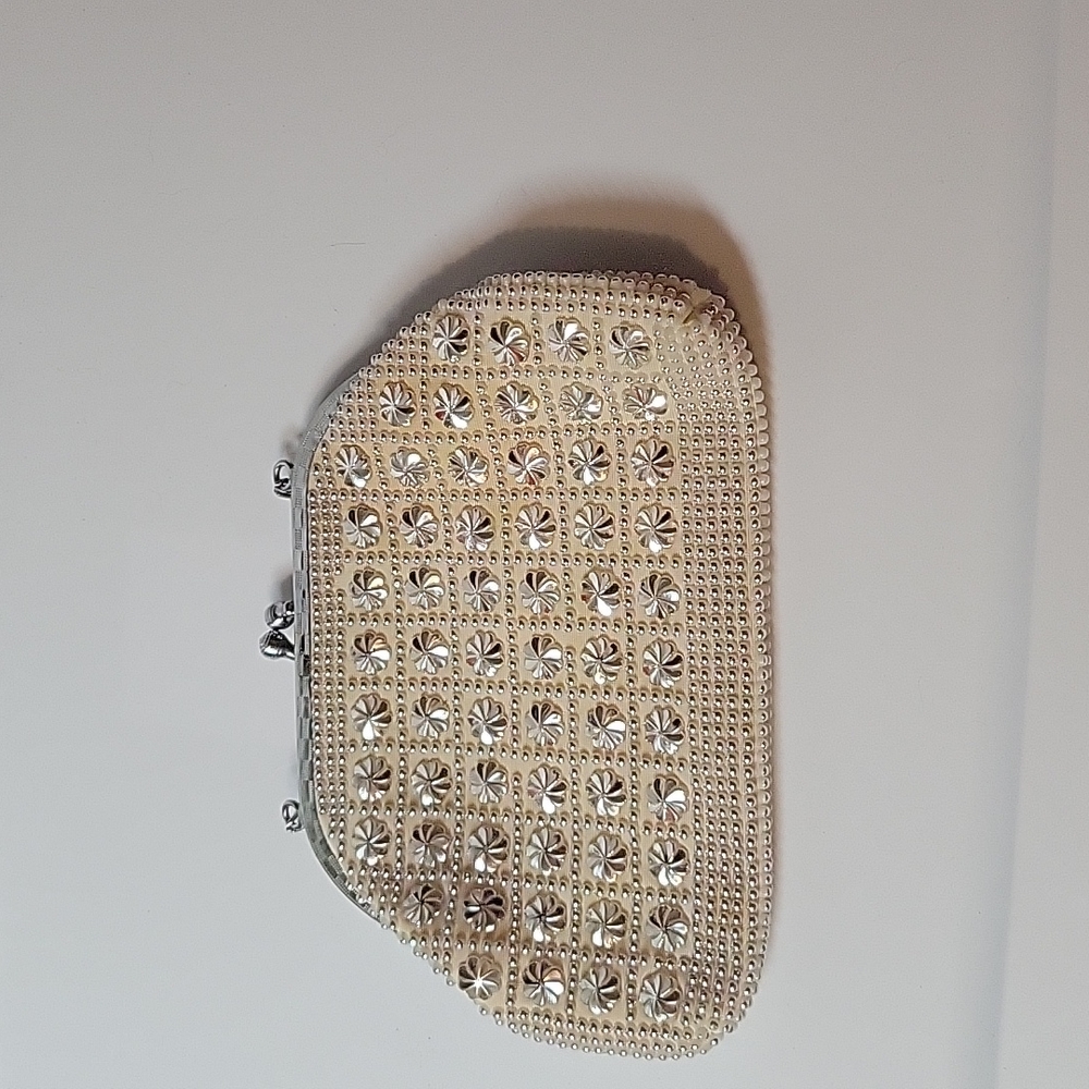 Vintage Cream Clutch with Silver Beads and Wristlet - Picture 5 of 10